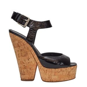 GIUSEPPE ZANOTTI PATENT LEATHER BLACK CORK SLING BACK WEDGES